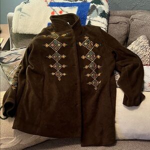 Bob Mockie Brown Jacket with Embroidered Patterns Wearable Art